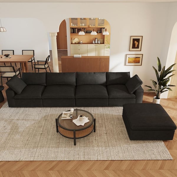 Magic Home 157 in. Square Arm 5-Piece Linen V Shape Modular Convertible Sectional Sofa with Storage Ottoman in Black for Party
