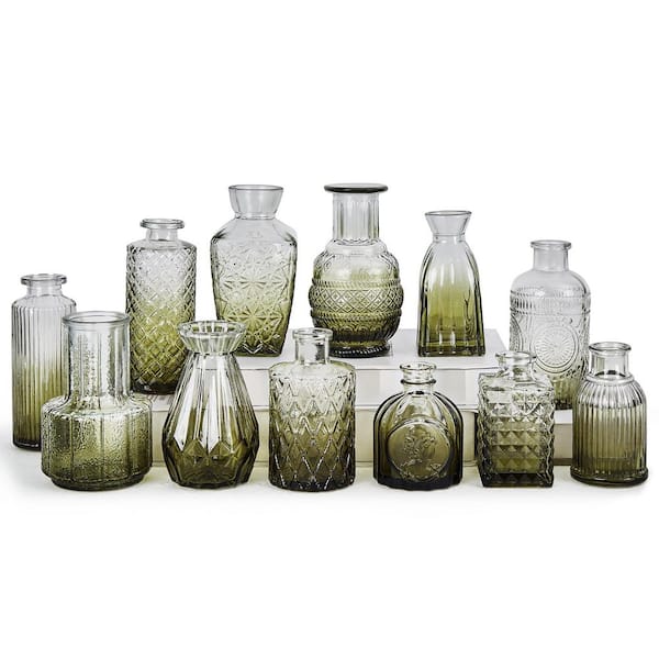 12-Piece Round Vintage Glass Vase Set-Ombre Green Mini Vase Set for Home & Wedding Decor 3.5 in. H