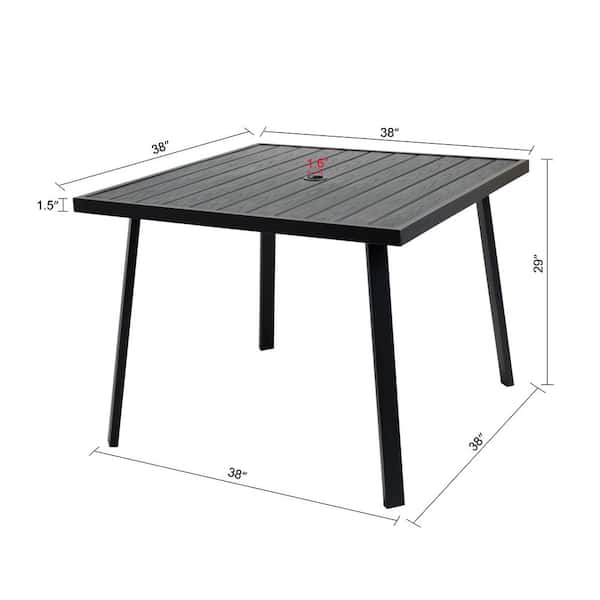 Charcoal Black Square Metal Outdoor Dining Table with Umbrella Hole for  Outside Patio
