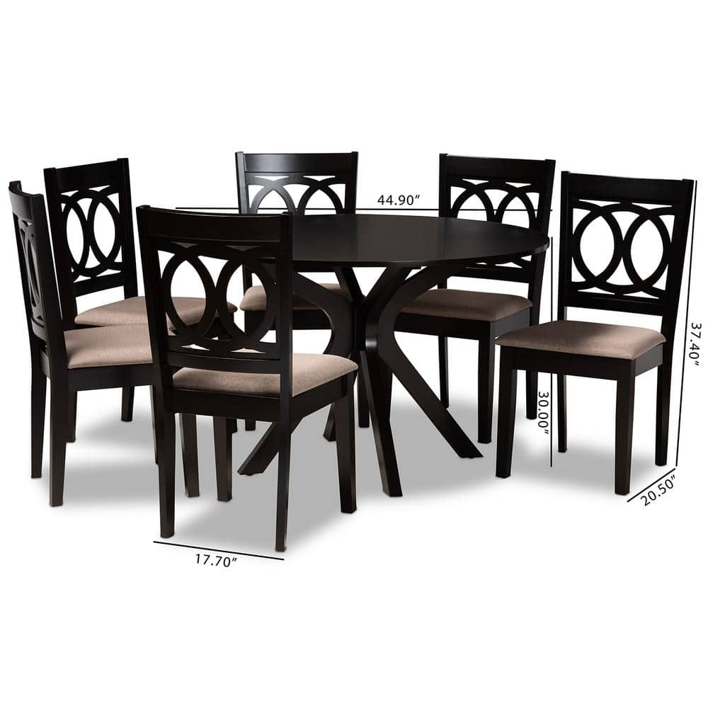 Mila 7-Piece Dark Brown Wood Dining Set with Grey Upholstered Chairs