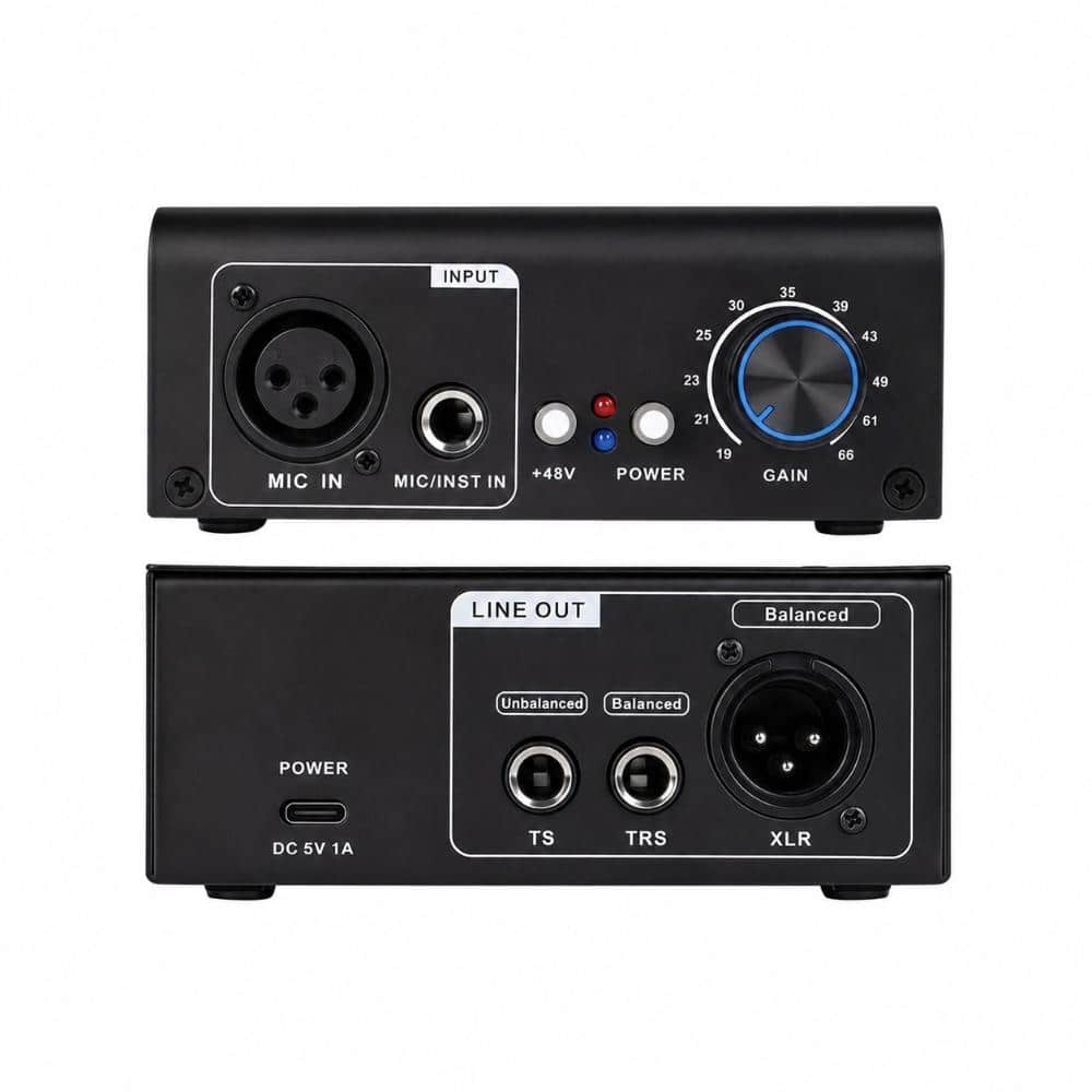 Single Channel Mic Preamp Audio Mixer Accessory with Adjustable Gain and 48V in Black 1-Pack