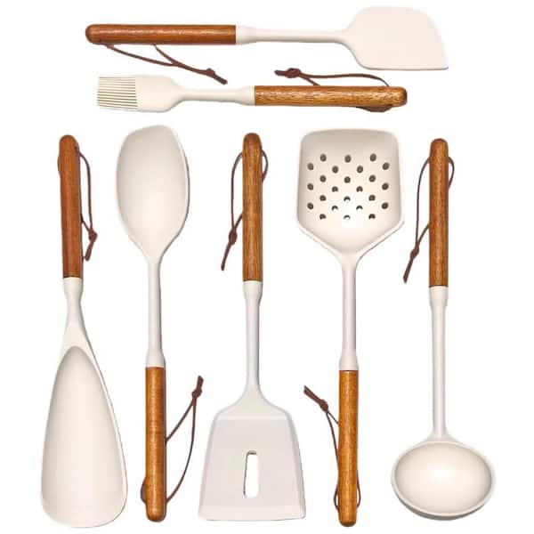 Food-Grade Silicone Kitchen Utensils Set with Silicone-Wood Handle, Spatula, Spoon, Non-Toxic and Heat-Resistant, White