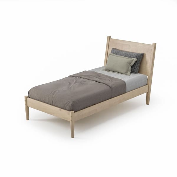 Mid-Century Light Oak Beige Solid Wood Frame, Twin Panel Headboard, Platform Bed