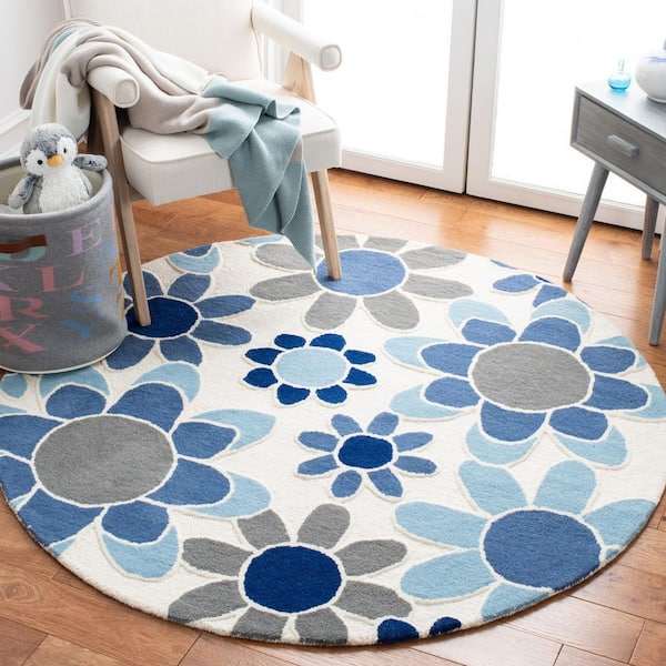 Kids 5 ft. x 5 ft. Ivory/Blue Oversized Floral Round Area Rug