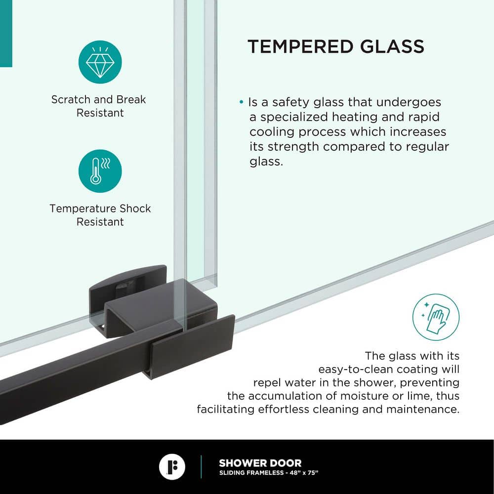 48'' Black Frameless Sliding Shower Door with Tempered Glass