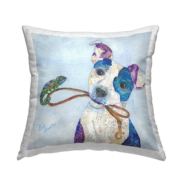 Stupell Industries Dog Leash Chameleon Animal Friends Blue Square Outdoor Throw Pillow