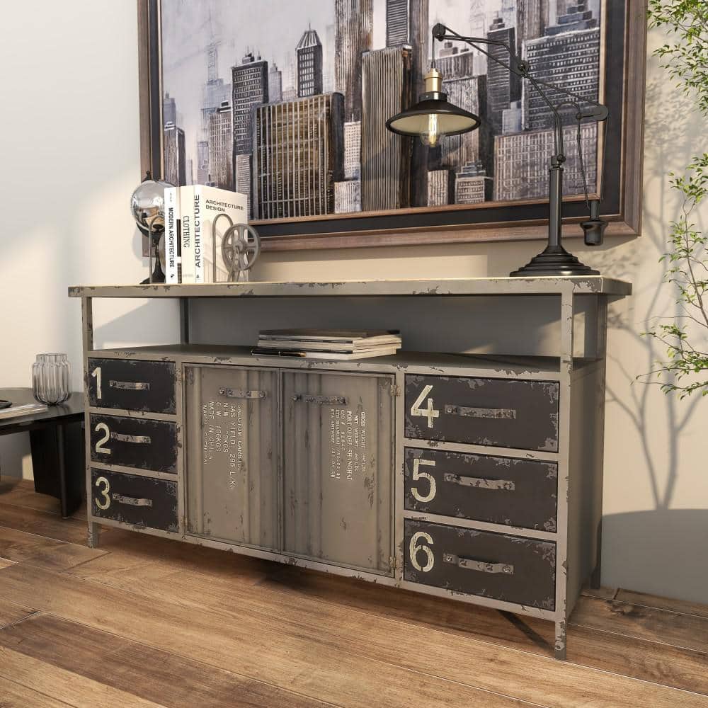 Gray Metal and Wood Industrial Sideboard with Numbered Drawers