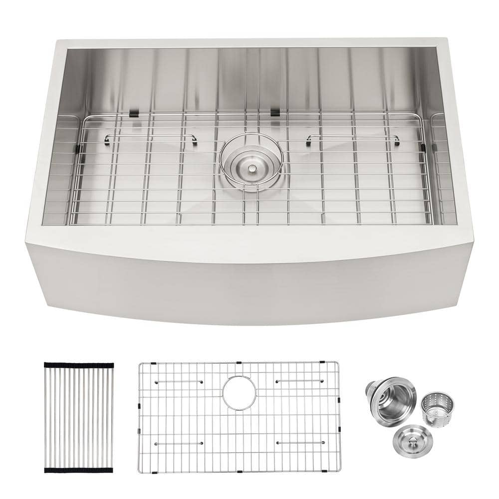 Brushed Nickel Stainless Steel 33 in. Single Bowl Farmhouse Apron Kitchen Sink with Bottom Grid -  JimsMaison, JMLDKS18-3320BN