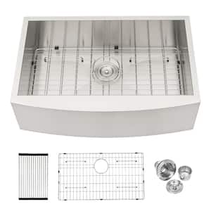 Brushed Nickel Stainless Steel 33 in. Single Bowl Farmhouse Apron Kitchen Sink with Bottom Grid