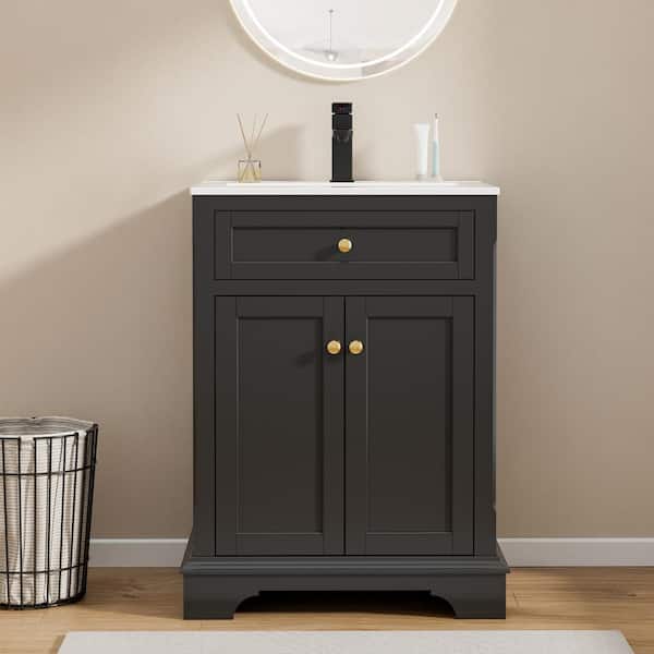 eclife 24 in. W x 18.7 in. D x 34 in. H 1-Sink Freestanding Bath Vanity in Black With White Ceramic Top and Drain Faucet Set