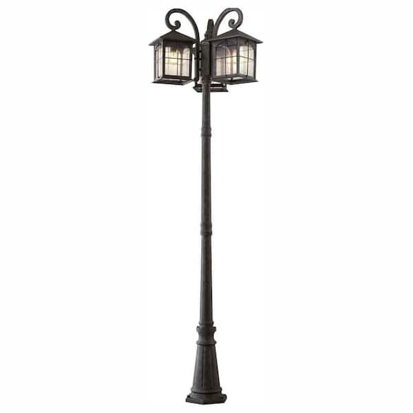 Home Decorators Collection Brimfield 88.5 in. Aged Iron 3-Head, 3-Light Outdoor Post Lamp with Clear Seedy Glass Shade