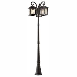 Brimfield 88.5 in. Aged Iron 3-Head, 3-Light Outdoor Post Lamp with Clear Seedy Glass Shade