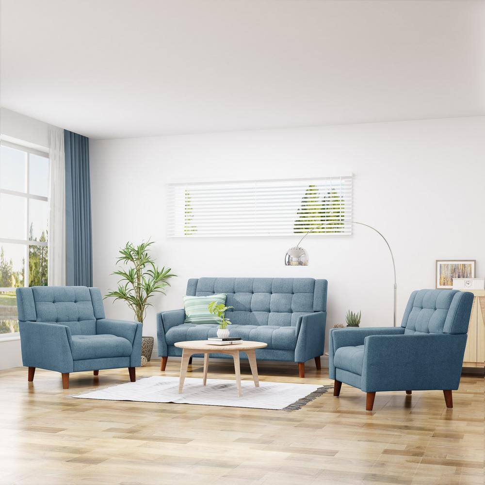 Evelyn Blue and Walnut Mid-Century Modern Arm Chair and Loveseat Set
