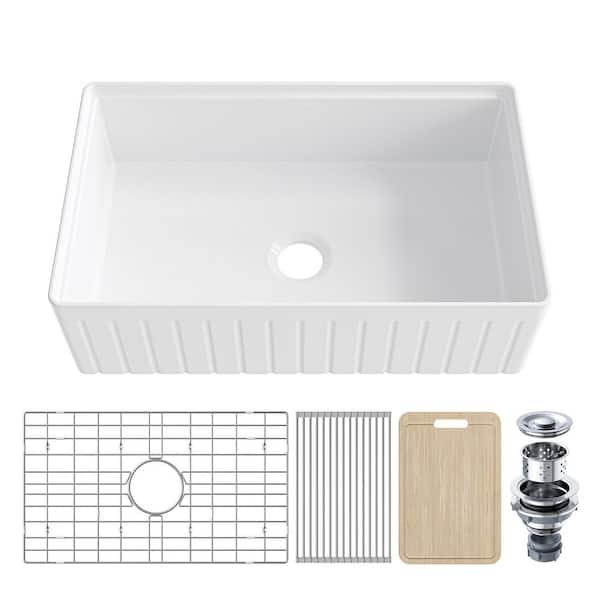 33in. Farmhouse/Apron-Front Single Bowl White Fireclay Workstation Kitchen Sink w/Cutting Board,Bottom Grid and Strainer