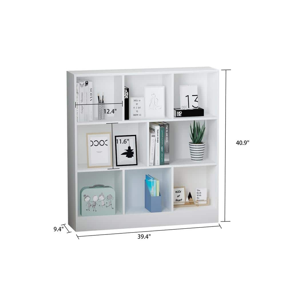 White bookshelf with dimensions 40.9 in. H x 39.4 W.