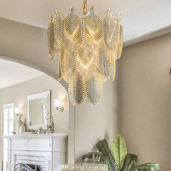 ALOA DECOR 5 Light Modern Glam Painted Brass Gold 3-Tier Chandelier with Textured Glass Accents