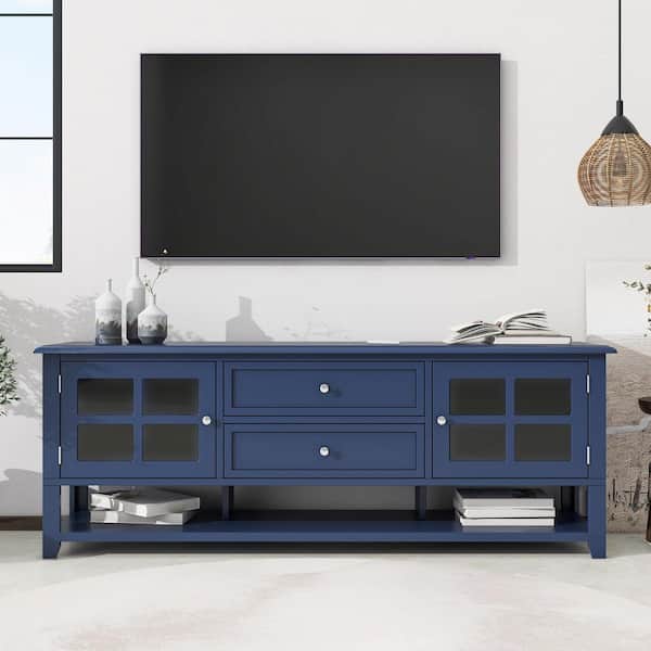 59.10 in. Blue TV Stand Fits TVs up to 60 in. Entertainment Center with 2 Cabinets, 2 Drawers and 3 Open Shelves