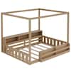 Wooden bed frame structure with slatted base and shelves.