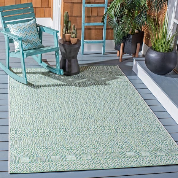 Courtyard Ivory/Green 9 ft. x 12 ft. Modern Geometric Diamond Indoor/Outdoor Patio Area Rug