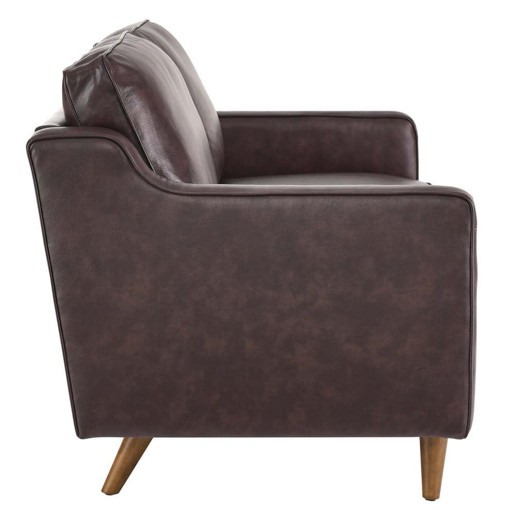 Mid-Century Genuine Leather Brown Loveseat with Walnut Legs