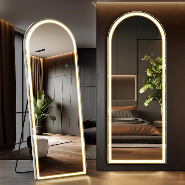 Antique Black 26 in. W x 71 in. H Arch Full-Length Mirror with LED Lights, Free Standing Floor Mirror