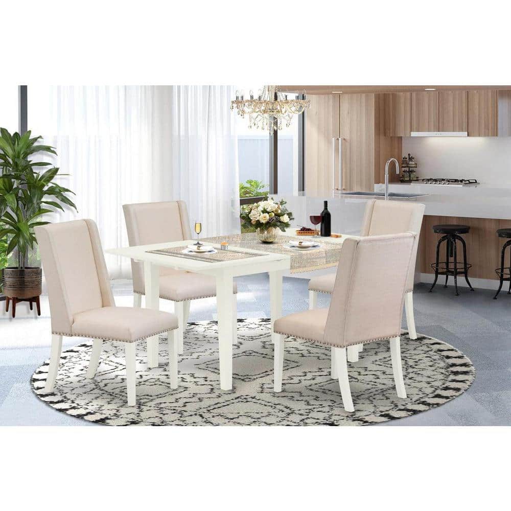 5-Piece Linen White Finish Solid Wood Top - Rectangular Upholstered Dining Room Set with Butterfly Leaf - Seats 4