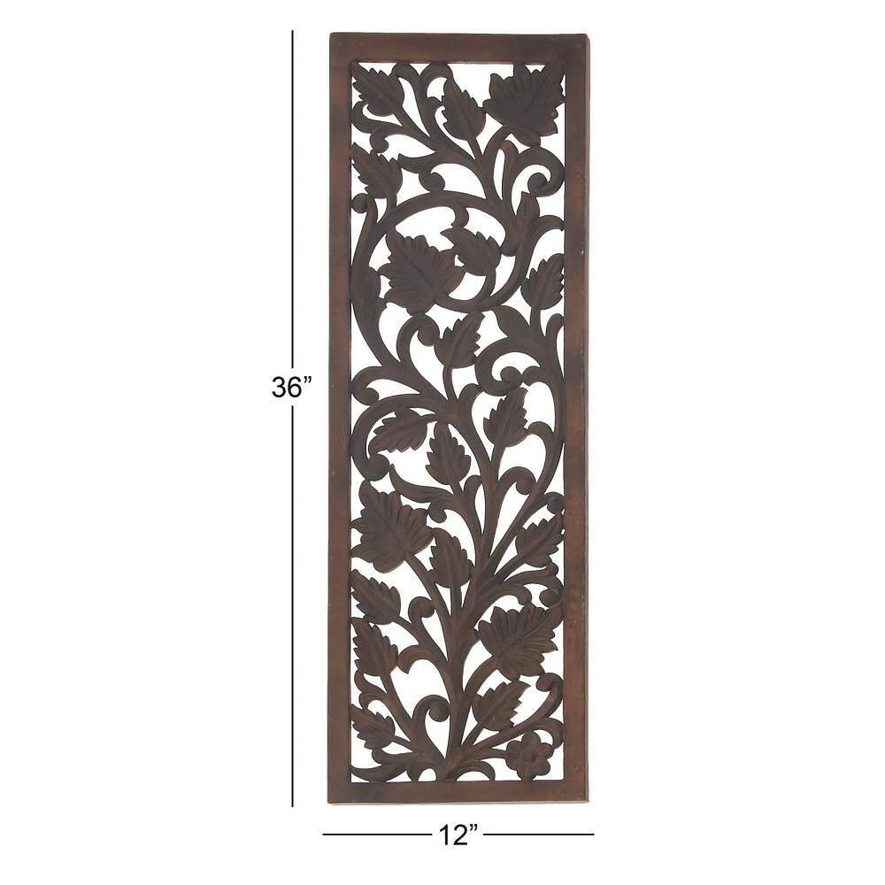Brown Wood Carved Botanical Rectangular Wall Panel