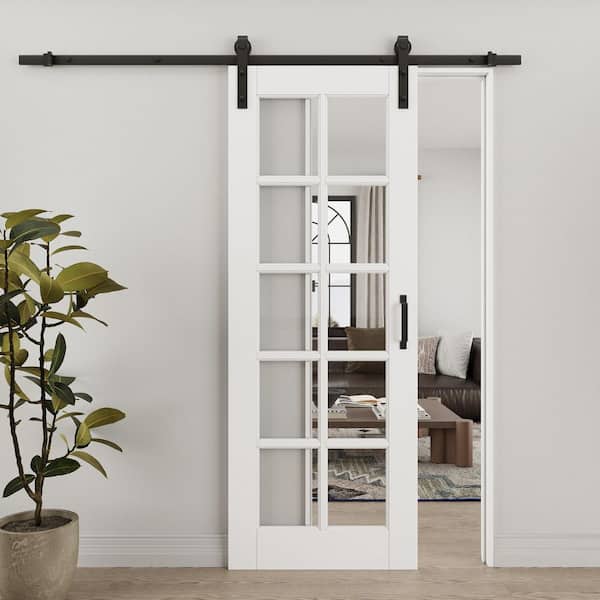 ARK DESIGN 32 in. x 80 in. 10-Lite Tempered Clear Glass White Primed MDF Composite Sliding Barn Door with Hardware Kit