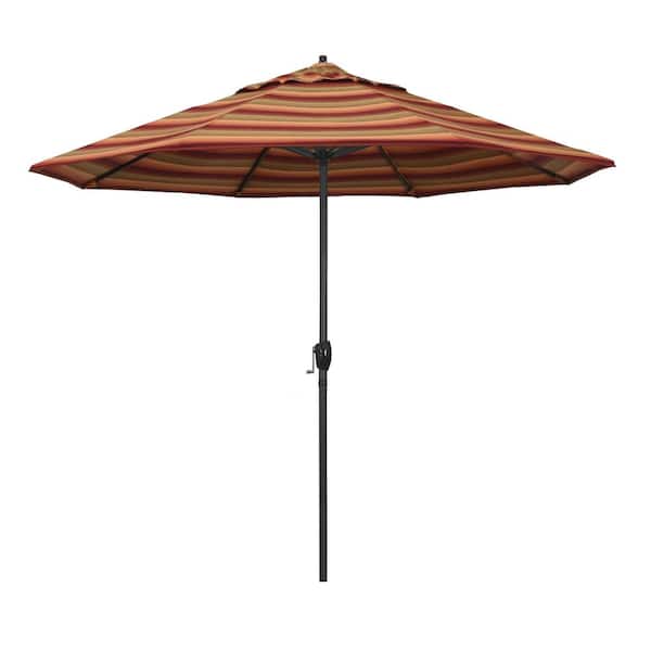 California Umbrella 9 ft. Black Aluminum Market Patio Umbrella Auto Tilt in Astoria Sunset Sunbrella