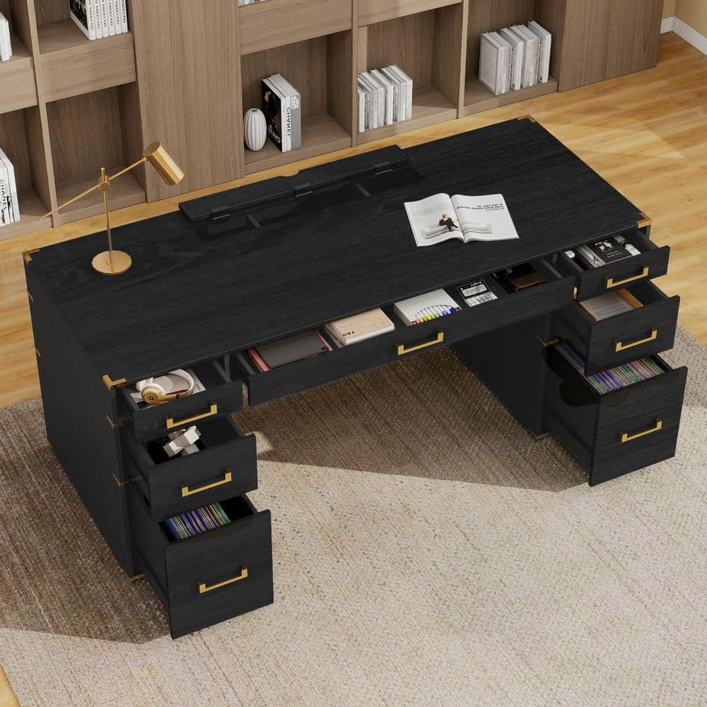 Noble House Zytaveon 70 in. Rectangle Black Wood 7-Drawer