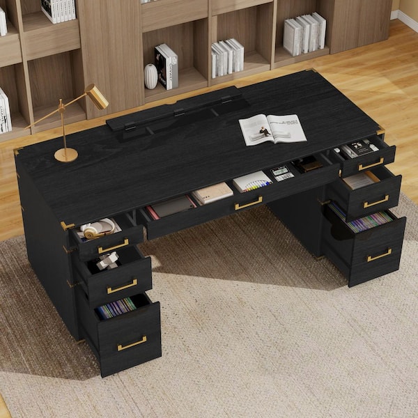Zytaveon 70 in. Rectangle Black Wood 7-Drawer Executive Desk with USB Ports and Outlets