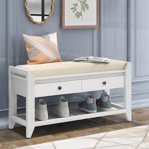 Entryway White Storage Dining Bench with Cushioned Seat, Drawers and Shoe Rack 19.8 in. H x 39 in. W x 14 in. D