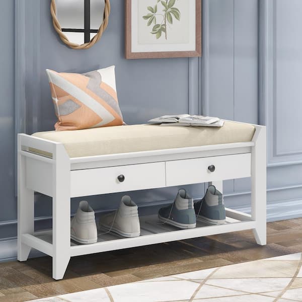 Harper & Bright Designs Entryway White Storage Dining Bench with Cushioned Seat, Drawers and Shoe Rack 19.8 in. H x 39 in. W x 14 in. D