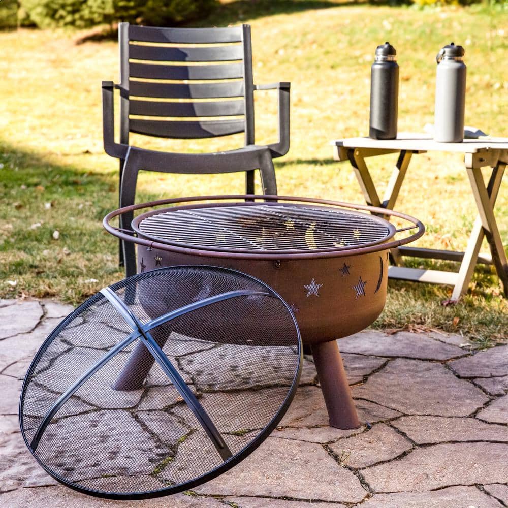 Bronze 30" Round Wood-Burning Steel Fire Pit with Cooking Grate