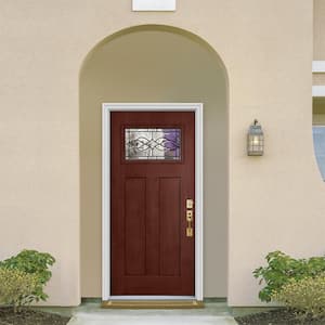 36 in. x 80 in. Black Cherry Left-Hand 1-Lite Craftsman Carillon Stained Fiberglass Prehung Front Door with Brickmould