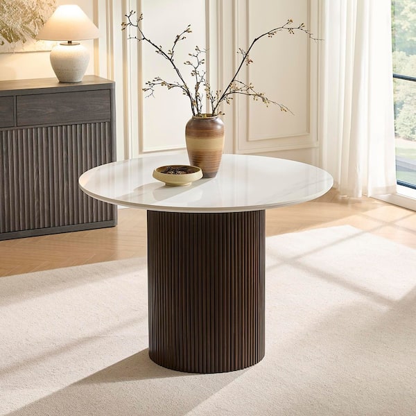 41.7" Elegant White Marble Wood Pedestal Base Dining Table for Kitchen Dinner Room Sintered Stone Seats 4