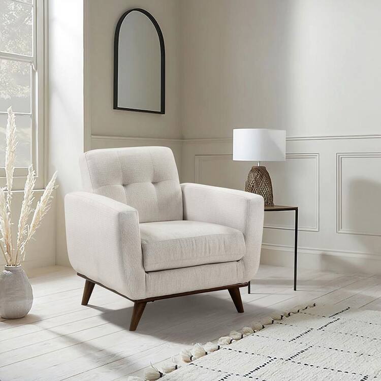 Lazzara Barrington Beige Textured Fabric Solid Wood Brown Finish Arm Chair