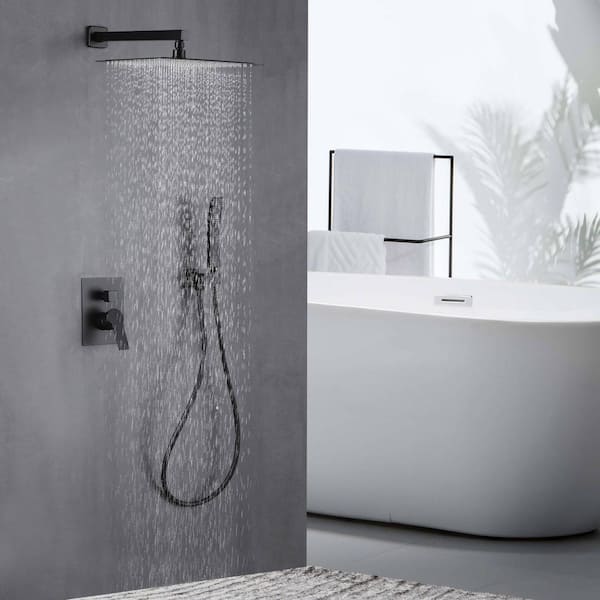 Wall Mount Single-Handle 1-Spray Square Brass Shower Faucet with 12 in. Shower Head in Matte Black (Valve Included)