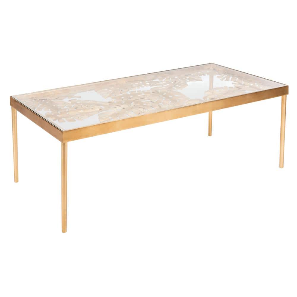 Elegant Gold Leaf Rectangular Glass Coffee Table with Palm Design