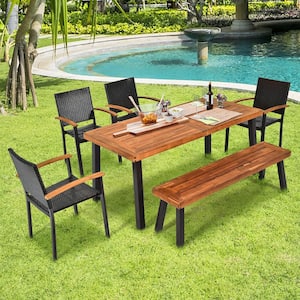 Patio Rattan Dining Set Chairs Stack Acacia Wood Bench Table Top (6-Piece)