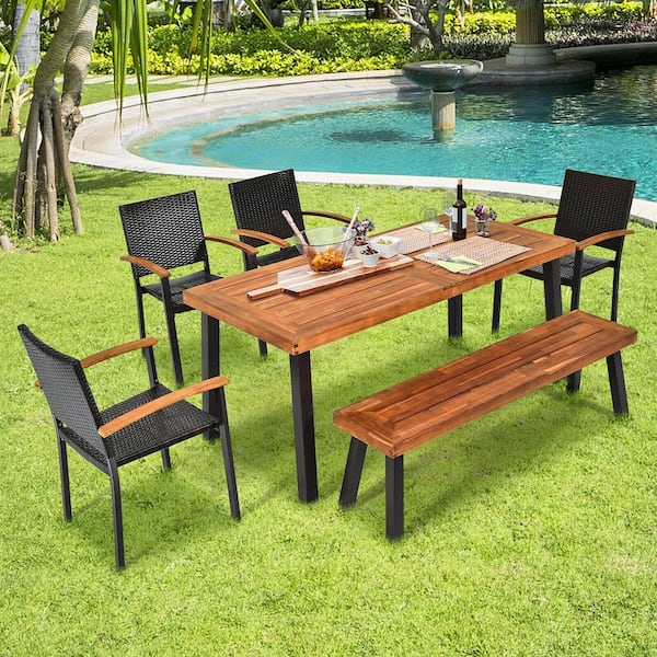 Patio Rattan Dining Set Chairs Stack Acacia Wood Bench Table Top (6-Piece)