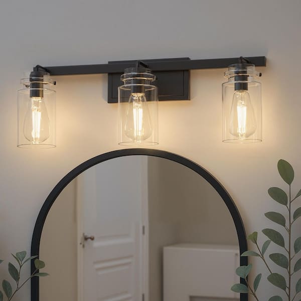 24 in. Industrial 3-Light Matte Black Farmhouse Vanity Light with Glass Shades for Bathroom
