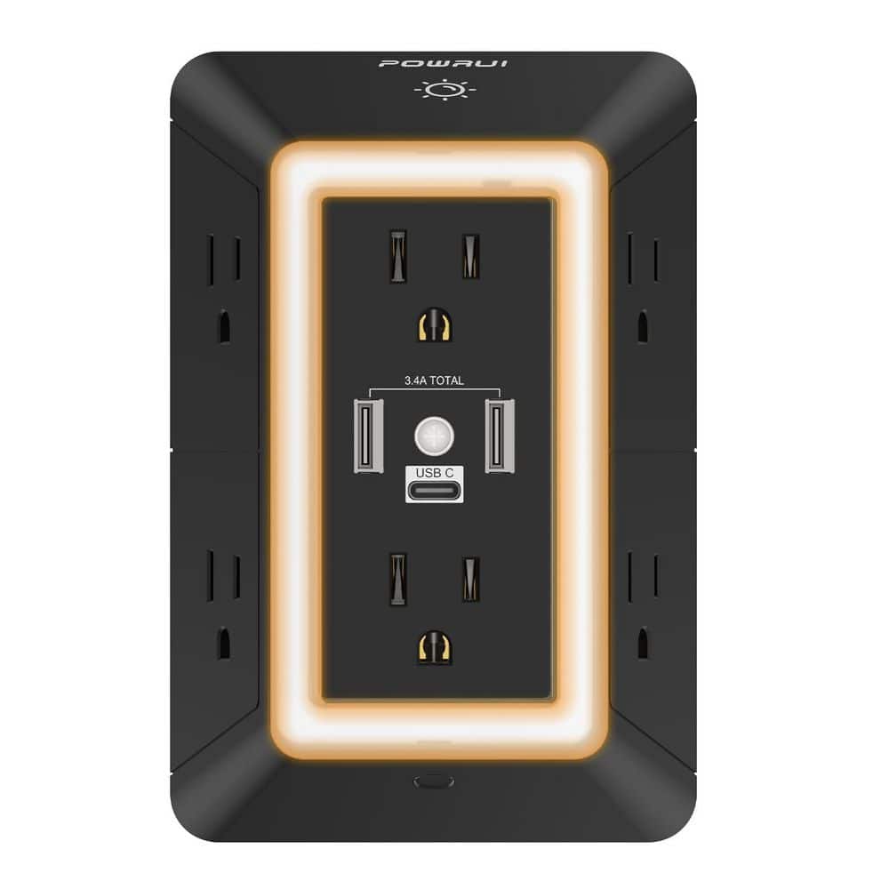 Black 6-Outlet Extender Power Strip, 3-Sided Surge Protector Outlets with 3 USB Ports (1-USB C) and Night Light price history on PriceWatchPro