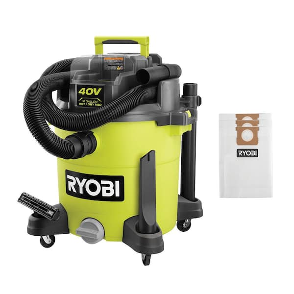 RYOBI 40V 10 Gal. Cordless Wet/Dry Vacuum (Tool Only) with Large Dust Collection Bags (3-Pack)