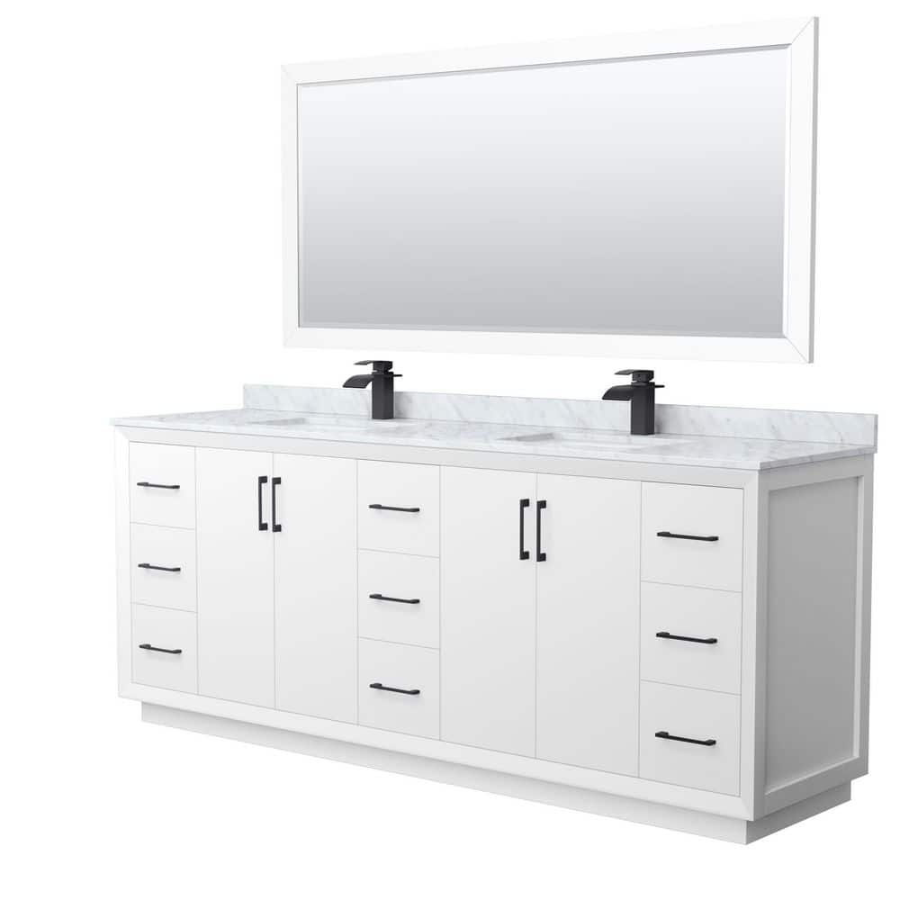 Wyndham Collection Strada 84 in. W x 22 in. D x 35 in. H Double Bath Vanity in White with White Carrara Marble Top and 70"" Mirror, White with Matte Black Trim -  WCF414184DWBCMUNSM70