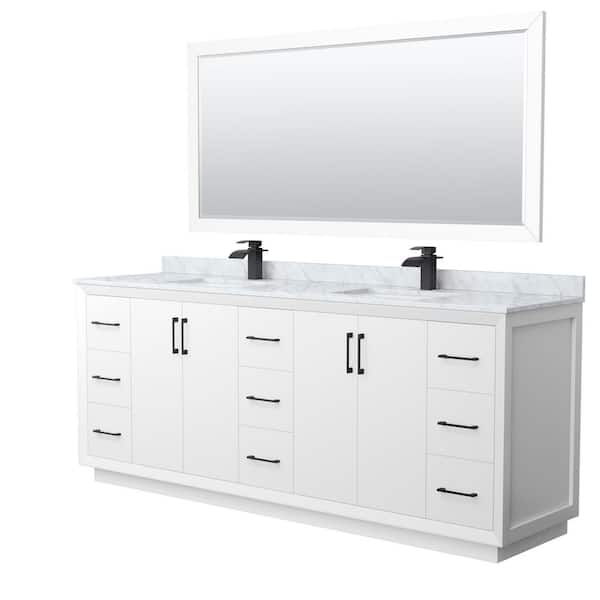 Strada 84 in. W x 22 in. D x 35 in. H Double Bath Vanity in White with White Carrara Marble Top and 70" Mirror
