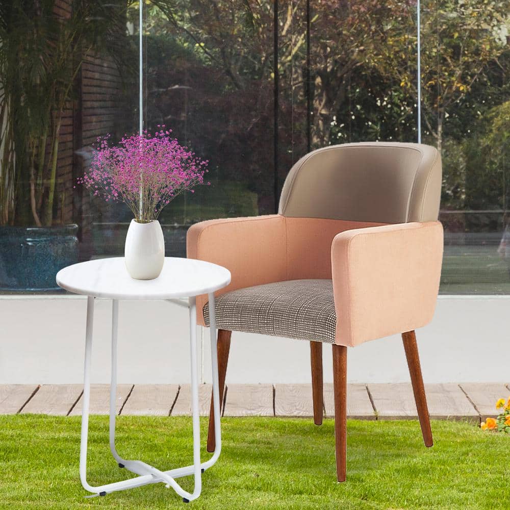 SUNRINX 20 in. White Round Outdoor Side Table, Marble for Garden, Porch