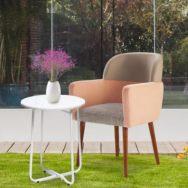 SUNRINX 20 in. White Round Outdoor Side Table, Marble for Garden, Porch and Backyard