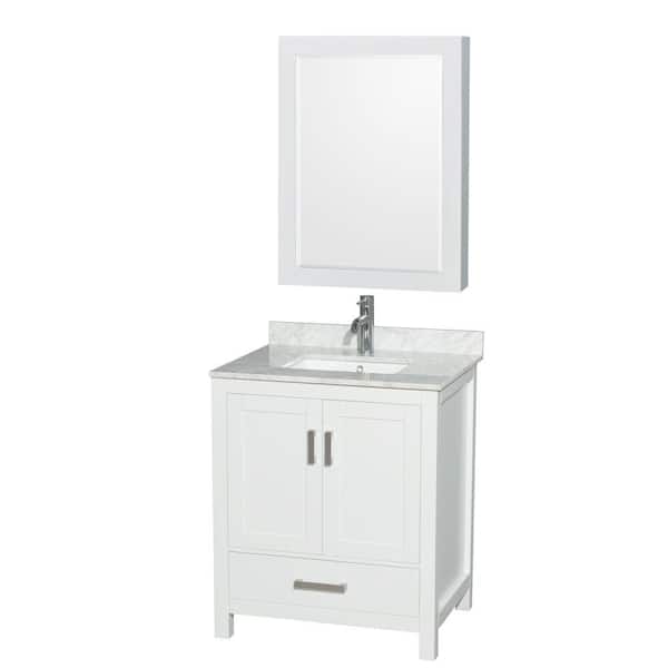 Wyndham Collection Sheffield 30 in. W x 22 in. D x 35.25 in. H Single Bath Vanity in White with White Carrara Marble Top and MC Mirror
