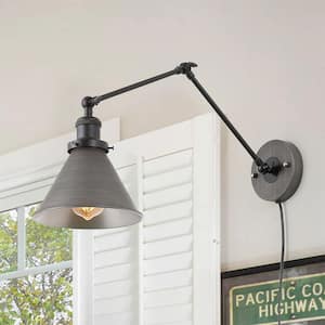 1-Light Black and Gray Plug-In or Hardwire Modern Industrial Adjustable Swing Arms Wall Sconce with Bell Lampshade